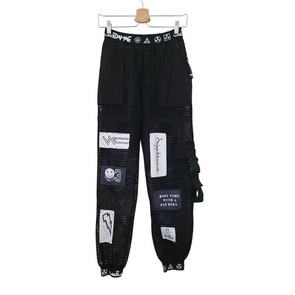 Black Mesh Streetwear Hip Hop Patchwork Cargo Pants w/ Buckle Detail Unisex Sz M - Picture 1 of 12